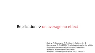 Replication -> on average no effect
Sisk, V. F., Burgoyne, A. P., Sun, J., Butler, J. L., &
Macnamara, B. N. (2018). To what extent and under which
circumstances are growth mind-sets important to
academic achievement? Two meta-
analyses. Psychological science, 29(4), 549-571.
 