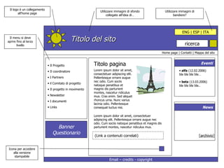 ENG | ESP | ITA Email – credits - copyright ricerca Home page | Contatti | Mappa del sito  Titolo pagina Lorem ipsum dolor sit amet, consectetuer adipiscing elit. Pellentesque ornare augue nec odio. Cum sociis natoque penatibus et magnis dis parturient montes, nascetur ridiculus mus. Cras enim. Sed aliquet rhoncus urna. Nunc varius lacinia odio. Pellentesque consequat luctus nisi.  Lorem ipsum dolor sit amet, consectetuer adipiscing elit. Pellentesque ornare augue nec odio. Cum sociis natoque penatibus et magnis dis parturient montes, nascetur ridiculus mus.  (Link a contenuti correlati) Il Progetto Il coordinatore I Partners il Comitato di progetto Il progetto in movimento Newsletter I documenti Links Banner Questionario Utilizzare immagini di sfondo collegate all’idea di… Il logo è un collegamento all’home page Titolo del sito Utilizzare immagini di bandiere? Il menu si deve aprire fino al terzo livello alfa  (12.02.2006) bla bla bla bla… beta  (13.03.2006) bla bla bla bla.. alfa  (12.02.2006) bla bla bla bla… beta  (13.03.2006) bla bla bla bla.. Icona per accedere alla versione stampabile [ archivio ] Eventi [ archivio ] News 