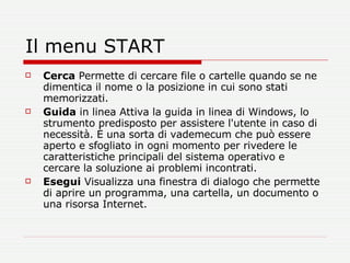 Il menu START Cerca  Permette di cercare file o cartelle quando se ne dimentica il nome o la posizione in cui sono stati memorizzati.  Guida  in linea Attiva la guida in linea di Windows, lo strumento predisposto per assistere l'utente in caso di necessità. È una sorta di vademecum che può essere aperto e sfogliato in ogni momento per rivedere le caratteristiche principali del sistema operativo e cercare la soluzione ai problemi incontrati.  Esegui  Visualizza una finestra di dialogo che permette di aprire un programma, una cartella, un documento o una risorsa Internet.  