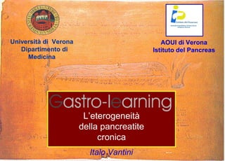 Università di Verona                          AOUI di Verona
   Dipartimento di                         Istituto del Pancreas
     Medicina




                        L’eterogeneità
                       della pancreatite
                            cronica
                         Italo Vantini
 
