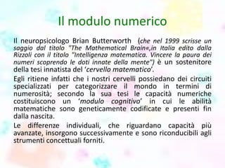 Il modulo numerico
Il neuropsicologo Brian Butterworth (che nel 1999 scrisse un
saggio dal titolo "The Mathematical Brain«,in Italia edito dalla
Rizzoli con il titolo "Intelligenza matematica. Vincere la paura dei
numeri scoprendo le doti innate della mente") è un sostenitore
della tesi innatista del ‘cervello matematico’.
Egli ritiene infatti che i nostri cervelli possiedano dei circuiti
specializzati per categorizzare il mondo in termini di
numerosità; secondo la sua tesi le capacità numeriche
costituiscono un ‘modulo cognitivo’ in cui le abilità
matematiche sono geneticamente codificate e presenti fin
dalla nascita.
Le differenze individuali, che riguardano capacità più
avanzate, insorgono successivamente e sono riconducibili agli
strumenti concettuali forniti.
 