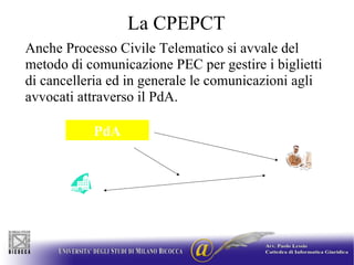 La CPEPCT Anche Processo Civile Telematico si avvale del metodo di comunicazione PEC per gestire i biglietti di cancelleria ed in generale le comunicazioni agli avvocati attraverso il PdA. PdA Indirizzo elettronico DEPOSITO ATTO E BIGLIETTI DI CANCELLERIA AVVOCATO UG 