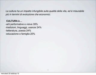 3
La cultura ha un impatto infungibile sulla qualità della vita, ed è misurabile
più in termini di evoluzione che economici.
CULTURA è…
-arti performative e visive 39%
-tradizioni, linguaggi, usanze 24%
-letteratura, poesia 24%
-educazione e famiglia 20%
mercoledì 25 febbraio 15
 