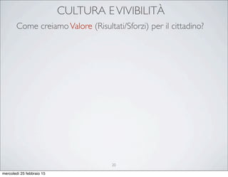 CULTURA EVIVIBILITÀ
Come creiamoValore (Risultati/Sforzi) per il cittadino?
20
mercoledì 25 febbraio 15
 