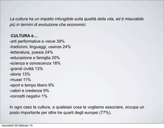 3
La cultura ha un impatto infungibile sulla qualità della vita, ed è misurabile
più in termini di evoluzione che economici.
CULTURA è…
-arti performative e visive 39%
-tradizioni, linguaggi, usanze 24%
-letteratura, poesia 24%
-educazione e famiglia 20%
-scienza e conoscenza 18%
-grandi civiltà 13%
-storia 13%
-musei 11%
-sport e tempo libero 9%
-valori e credenze 9%
-concetti negativi 1%
In ogni caso la cultura, a qualsiasi cosa la vogliamo associare, occupa un
posto importante per oltre tre quarti degli europei (77%).
mercoledì 25 febbraio 15
 
