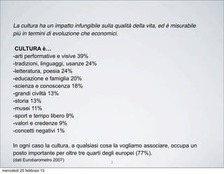 3
La cultura ha un impatto infungibile sulla qualità della vita, ed è misurabile
più in termini di evoluzione che economici.
CULTURA è…
-arti performative e visive 39%
-tradizioni, linguaggi, usanze 24%
-letteratura, poesia 24%
-educazione e famiglia 20%
-scienza e conoscenza 18%
-grandi civiltà 13%
-storia 13%
-musei 11%
-sport e tempo libero 9%
-valori e credenze 9%
-concetti negativi 1%
In ogni caso la cultura, a qualsiasi cosa la vogliamo associare, occupa un
posto importante per oltre tre quarti degli europei (77%).
(dati Eurobarometro 2007)
mercoledì 25 febbraio 15
 