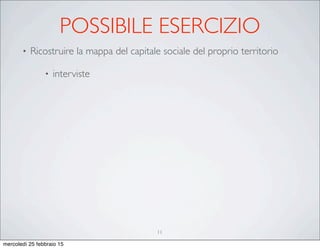 POSSIBILE ESERCIZIO
• Ricostruire la mappa del capitale sociale del proprio territorio
• interviste
11
mercoledì 25 febbraio 15
 