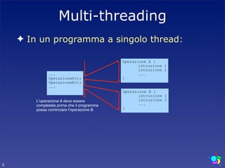 Multi-threading
    ✦ In un programma a singolo thread:

                                            Operazione A {
                                                   istruzione 1
                                                   istruzione 2
              ...                                  ...
              OperazioneA();                }
              OperazioneB();
              ...
                                            Operazione B {
                                                   istruzione 1
        L'operazione A deve essere                 istruzione 2
        completata prima che il programma          ...
        possa cominciare l'operazione B     }




5
 