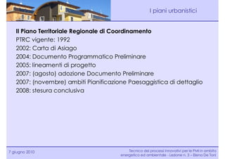 I piani urbanistici


   Il Piano Territoriale Regionale di Coordinamento
   PTRC vigente: 1992
   2002: Carta di Asiago
   2004: Documento Programmatico Preliminare
   2005: lineamenti di progetto
   2007: (agosto) adozione Documento Preliminare
   2007: (novembre) ambiti Pianificazione Paesaggistica di dettaglio
   2008: stesura conclusiva




7 giugno 2010                              Tecnico dei processi innovativi per le PMI in ambito
                                       energetico ed ambientale - Lezione n. 3 – Elena De Toni
 