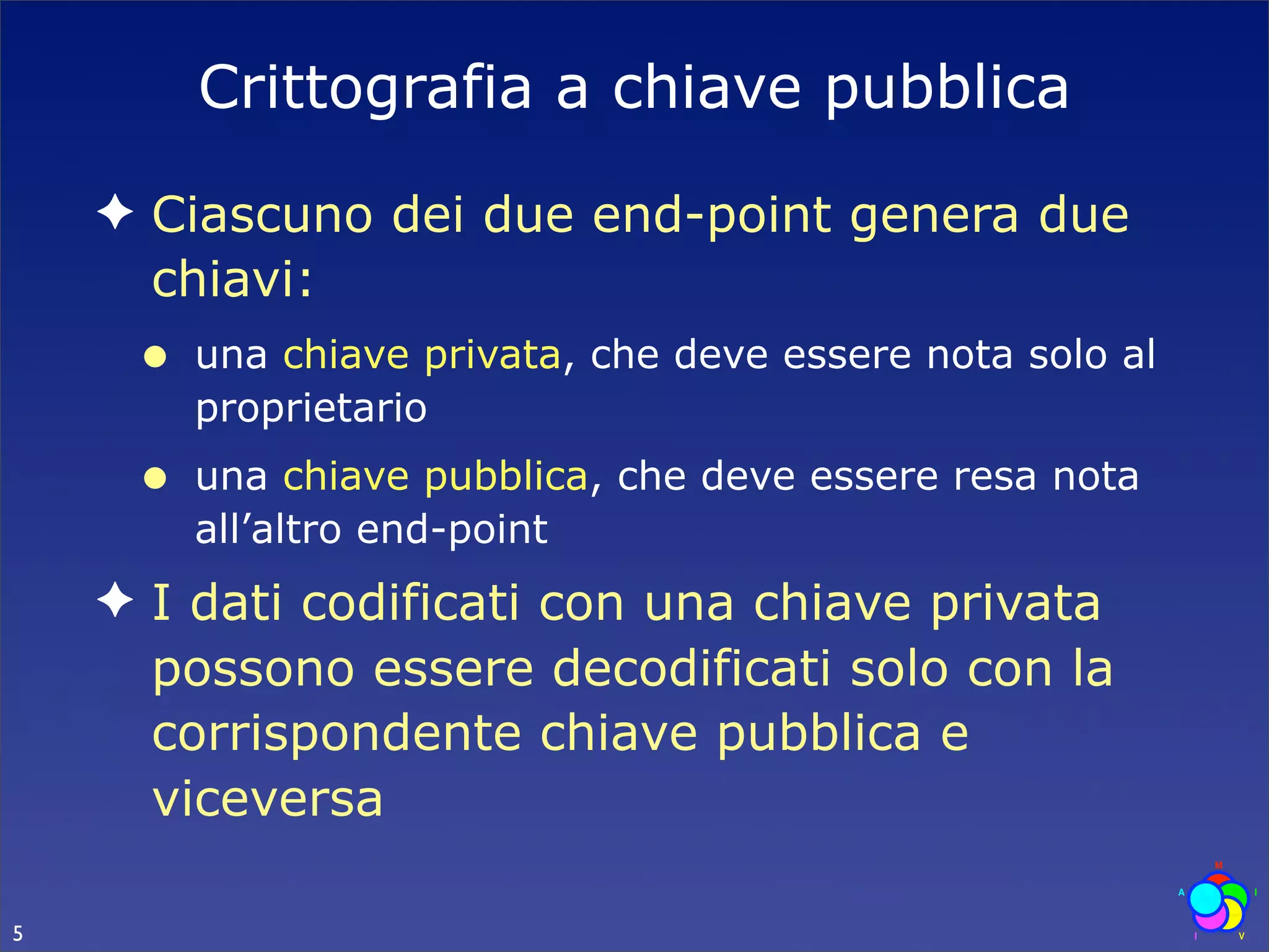 Crittografia a chiave pubblica

    ✦ Ciascuno dei due end-point genera due
      chiavi:
     •   una chiave privata, che deve essere nota solo al
         proprietario
     •   una chiave pubblica, che deve essere resa nota
         all’altro end-point
    ✦ I dati codificati con una chiave privata
      possono essere decodificati solo con la
      corrispondente chiave pubblica e
      viceversa

5
 