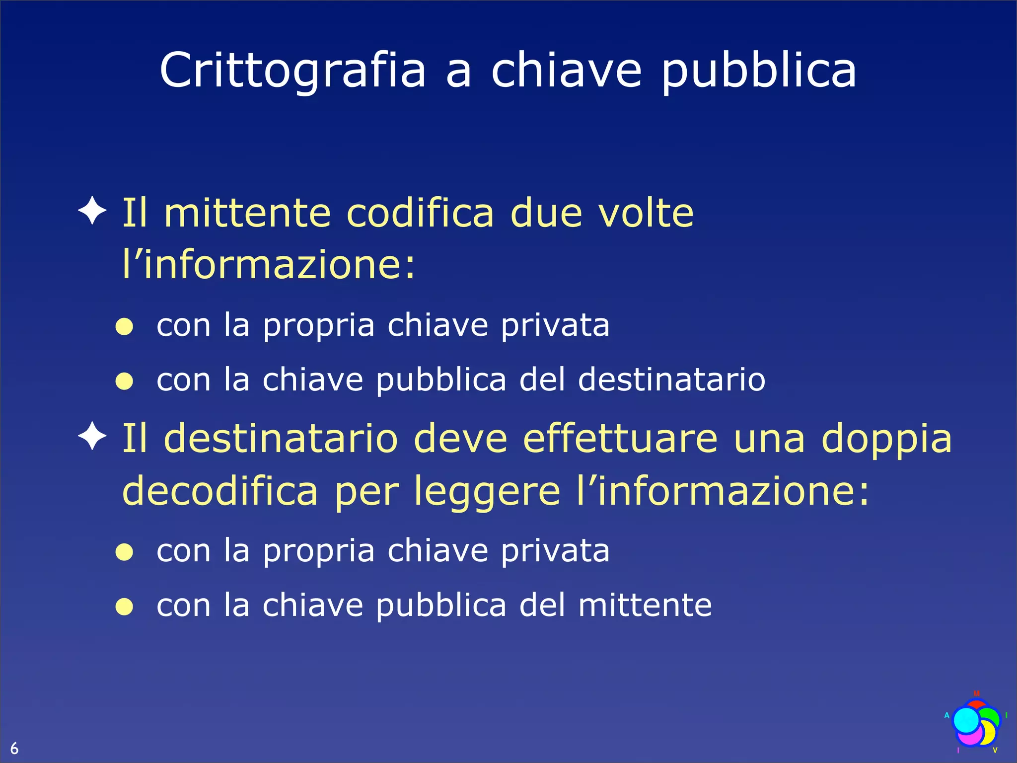 Crittografia a chiave pubblica

    ✦ Il mittente codifica due volte
      l’informazione:
     •   con la propria chiave privata
     •   con la chiave pubblica del destinatario
    ✦ Il destinatario deve effettuare una doppia
      decodifica per leggere l’informazione:
     •   con la propria chiave privata
     •   con la chiave pubblica del mittente



6
 