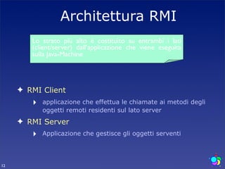 Architettura RMI
        Lo strato più alto è costituito su entrambi i lati
        (client/server) dall’applicazione che viene eseguita
        sulla Java-Machine




     ✦ RMI Client
        ‣   applicazione che effettua le chiamate ai metodi degli
            oggetti remoti residenti sul lato server
     ✦ RMI Server
        ‣   Applicazione che gestisce gli oggetti serventi




12
 