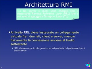Architettura RMI
           …i lati server e client sono collegati con il
           sottostante Remote Reference Layer (RRL) che a
           sua volta si appoggia al Transport Layer (TL)




      Al livello RRL viene instaurato un collegamento
      virtuale fra i due lati, client e server, mentre
      fisicamente la connessione avviene al livello
      sottostante
        (RRL) basato su protocollo generico ed indipendente dal particolare tipo di
        stub/skeleton




14
 