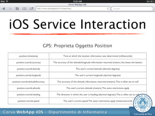 iOS Service Interaction
                               GPS: Proprieta Oggetto Position

      position.timestamp                     Time at which the location information was determined (milliseconds)

   position.coords.accuracy        The accuracy of the latitude/longitude information returned (meters; the lower, the better)

    position.coords.latitude                              The user’s current latitude (decimal degrees)

   position.coords.longitude                             The user’s current longitude (decimal degrees)

position.coords.altitudeAccuracy      The accuracy of the altitude information returned (meters). This is often set to null

    position.coords.altitude                    The user’s current altitude (meters). The same restrictions apply

    position.coords.heading           The direction in which the user is heading (decimal degrees). This is often set to null

     position.coords.speed                   The user’s current speed. The same restrictions apply (meters/second)
 