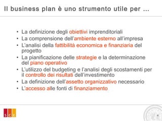 Il business plan è uno strumento utile per … La definizione degli  obiettivi  imprenditoriali La comprensione dell’ ambiente esterno  all’impresa L’analisi della  fattibilità economica e finanziaria  del progetto La pianificazione delle  strategie  e la determinazione del  piano operativo L’utilizzo del budgeting e l’analisi degli scostamenti per il  controllo dei risultati  dell’investimento La definizione dell’ assetto organizzativo  necessario L’ accesso   al le fonti di  finanziamento 