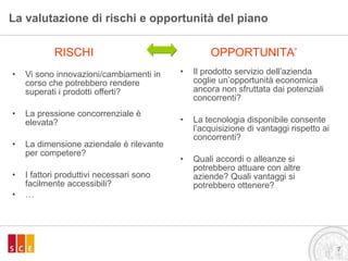 La valutazione di rischi e opportunità del piano Vi sono innovazioni/cambiamenti in corso che potrebbero rendere superati i prodotti offerti? La pressione concorrenziale è elevata? La dimensione aziendale è rilevante per competere? I fattori produttivi necessari sono facilmente accessibili? … Il prodotto servizio dell’azienda coglie un’opportunità economica ancora non sfruttata dai potenziali concorrenti? La tecnologia disponibile consente l’acquisizione di vantaggi rispetto ai concorrenti? Quali accordi o alleanze si potrebbero attuare con altre aziende? Quali vantaggi si potrebbero ottenere? RISCHI OPPORTUNITA’ 