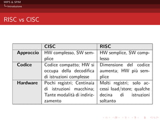 MIPS & SPIM
  Introduzione




RISC vs CISC



                     CISC                         RISC
         Approccio   HW complesso, SW sem-        HW semplice, SW comp-
                     plice                        lesso
         Codice      Codice compatto; HW si       Dimensione del codice
                     occupa della decodiﬁca       aumenta; HW pi` sem-
                                                                    u
                     di istruzioni complesse      plice
         Hardware    Pochi registri; Centinaia    Molti registri; solo ac-
                     di istruzioni macchina;      cessi load/store; qualche
                     Tante modalit` di indiriz-
                                    a             decina    di    istruzioni
                     zamento                      soltanto
 