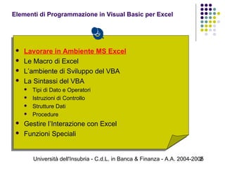 Università dell'Insubria - C.d.L. in Banca & Finanza - A.A. 2004-20052
 Lavorare in Ambiente MS Excel
 Le Macro di Excel
 L’ambiente di Sviluppo del VBA
 La Sintassi del VBA
 Tipi di Dato e Operatori
 Istruzioni di Controllo
 Strutture Dati
 Procedure
 Gestire l’Interazione con Excel
 Funzioni Speciali
 Lavorare in Ambiente MS Excel
 Le Macro di Excel
 L’ambiente di Sviluppo del VBA
 La Sintassi del VBA
 Tipi di Dato e Operatori
 Istruzioni di Controllo
 Strutture Dati
 Procedure
 Gestire l’Interazione con Excel
 Funzioni Speciali
Elementi di Programmazione in Visual Basic per Excel
 