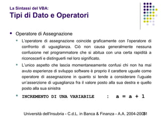 Università dell'Insubria - C.d.L. in Banca & Finanza - A.A. 2004-200531
La Sintassi del VBA:
Tipi di Dato e Operatori
 Operatore di Assegnazione
 L’operatore di assegnazione coincide graficamente con l’operatore di
confronto di uguaglianza. Ciò non causa generalmente nessuna
confusione nel programmatore che si abitua con una certa rapidità a
riconoscerli e distinguerli nel loro significato.
 L’unico aspetto che lascia momentaneamente confusi chi non ha mai
avuto esperienze di sviluppo software è proprio il carattere uguale come
operatore di assegnazione in quanto si tende a considerare l’uguale
un’asserzione di uguaglianza fra il valore posto alla sua destra e quello
posto alla sua sinistra
 INCREMENTO DI UNA VARIABILE : a = a + 1
 