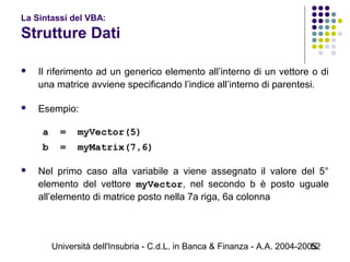 Università dell'Insubria - C.d.L. in Banca & Finanza - A.A. 2004-200552
La Sintassi del VBA:
Strutture Dati
 Il riferimento ad un generico elemento all’interno di un vettore o di
una matrice avviene specificando l’indice all’interno di parentesi.
 Esempio:
a = myVector(5)
b = myMatrix(7,6)
 Nel primo caso alla variabile a viene assegnato il valore del 5°
elemento del vettore myVector, nel secondo b è posto uguale
all’elemento di matrice posto nella 7a riga, 6a colonna
 