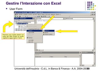 Università dell'Insubria - C.d.L. in Banca & Finanza - A.A. 2004-200599
Gestire l’Interazione con Excel
 User Form
Premere con il tasto destro sul
nodo del VBA Project al quale
vogliamo aggiungere il form
 