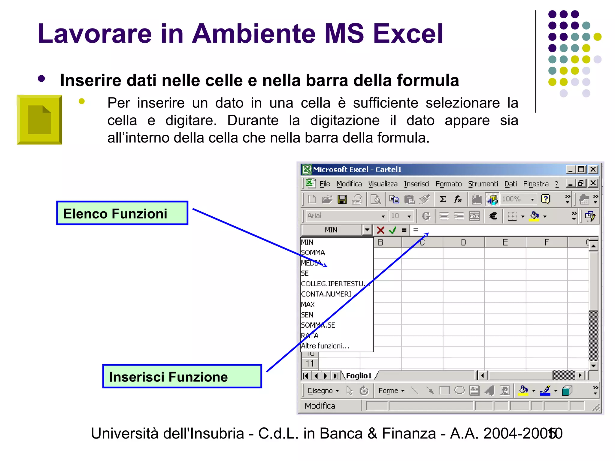 Università dell'Insubria - C.d.L. in Banca & Finanza - A.A. 2004-200510
Lavorare in Ambiente MS Excel
 Inserire dati nelle celle e nella barra della formula
 Per inserire un dato in una cella è sufficiente selezionare la
cella e digitare. Durante la digitazione il dato appare sia
all’interno della cella che nella barra della formula.
Elenco Funzioni
Inserisci Funzione
 