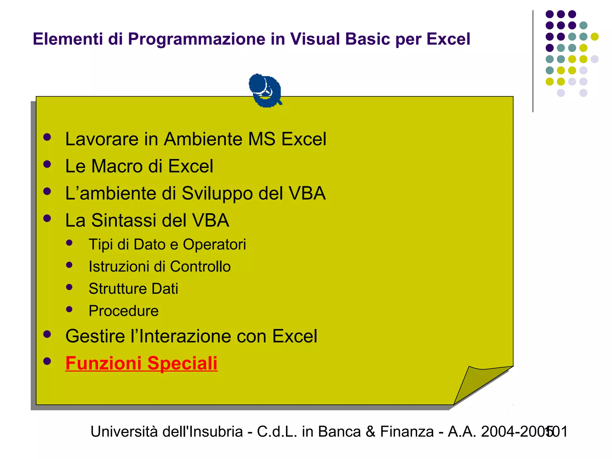 Università dell'Insubria - C.d.L. in Banca & Finanza - A.A. 2004-2005101
 Lavorare in Ambiente MS Excel
 Le Macro di Excel
 L’ambiente di Sviluppo del VBA
 La Sintassi del VBA
 Tipi di Dato e Operatori
 Istruzioni di Controllo
 Strutture Dati
 Procedure
 Gestire l’Interazione con Excel
 Funzioni Speciali
 Lavorare in Ambiente MS Excel
 Le Macro di Excel
 L’ambiente di Sviluppo del VBA
 La Sintassi del VBA
 Tipi di Dato e Operatori
 Istruzioni di Controllo
 Strutture Dati
 Procedure
 Gestire l’Interazione con Excel
 Funzioni Speciali
Elementi di Programmazione in Visual Basic per Excel
 