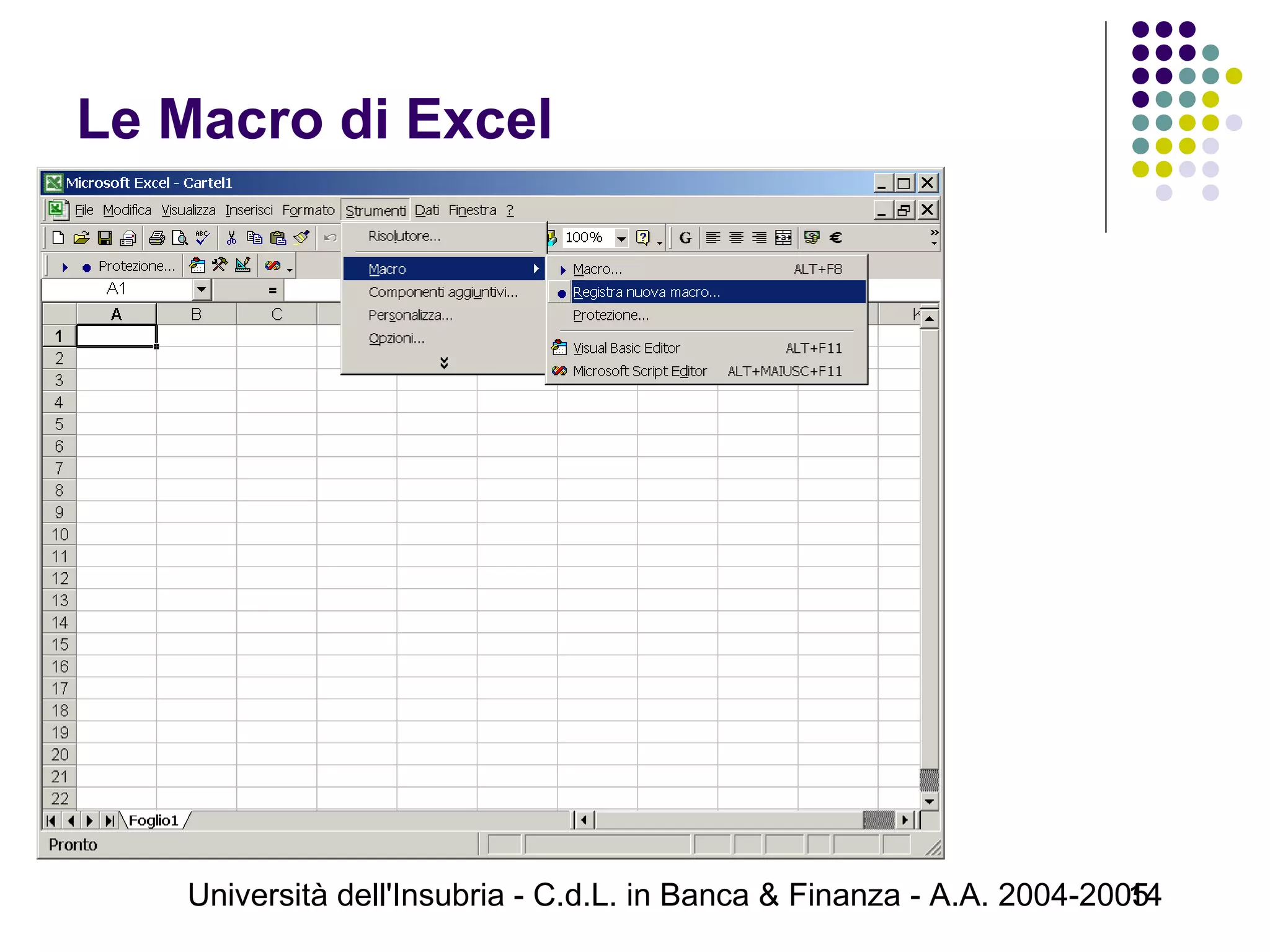 Università dell'Insubria - C.d.L. in Banca & Finanza - A.A. 2004-200514
Le Macro di Excel
 