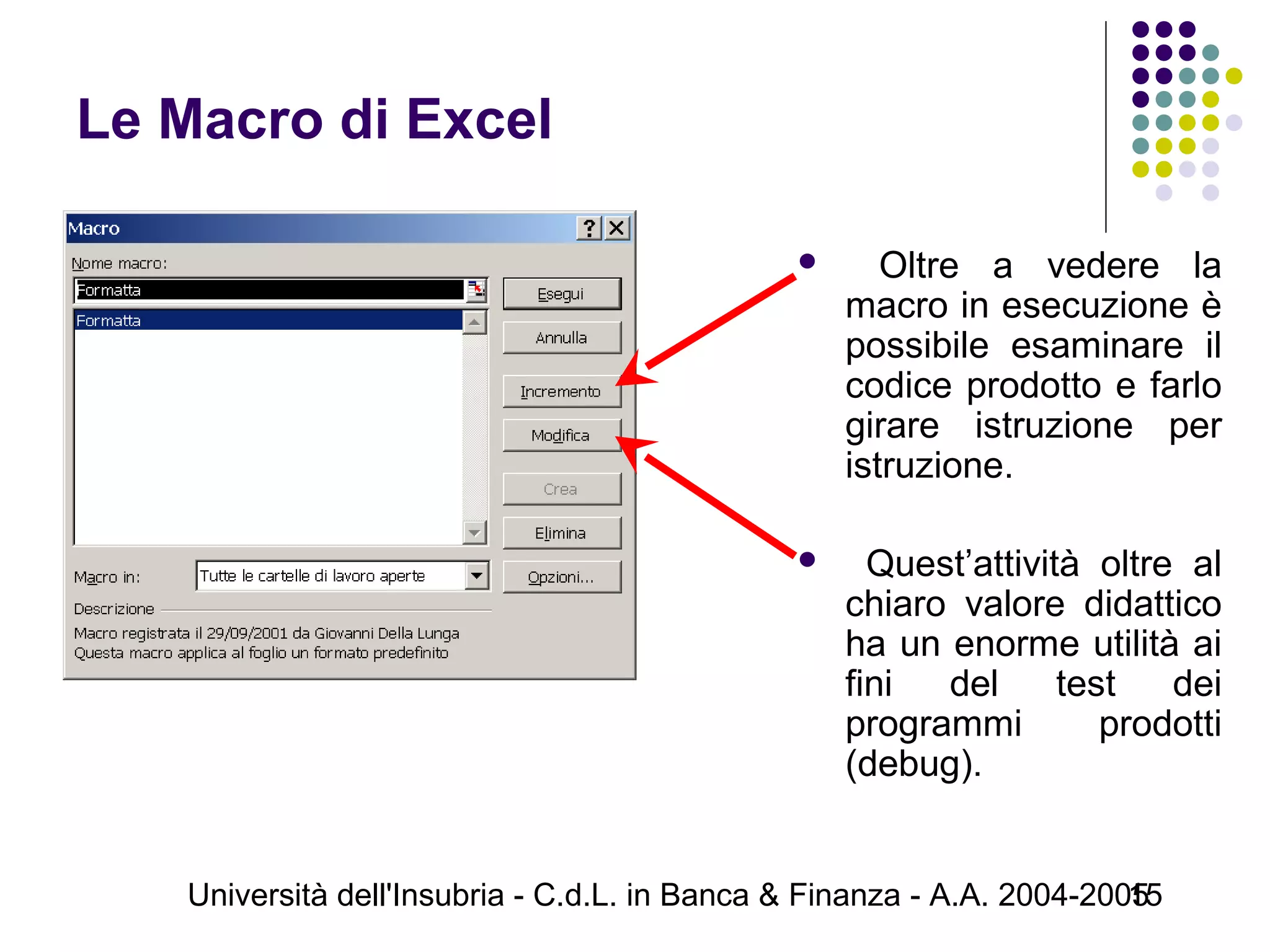 Università dell'Insubria - C.d.L. in Banca & Finanza - A.A. 2004-200515
Le Macro di Excel
 Oltre a vedere la
macro in esecuzione è
possibile esaminare il
codice prodotto e farlo
girare istruzione per
istruzione.
 Quest’attività oltre al
chiaro valore didattico
ha un enorme utilità ai
fini del test dei
programmi prodotti
(debug).
 