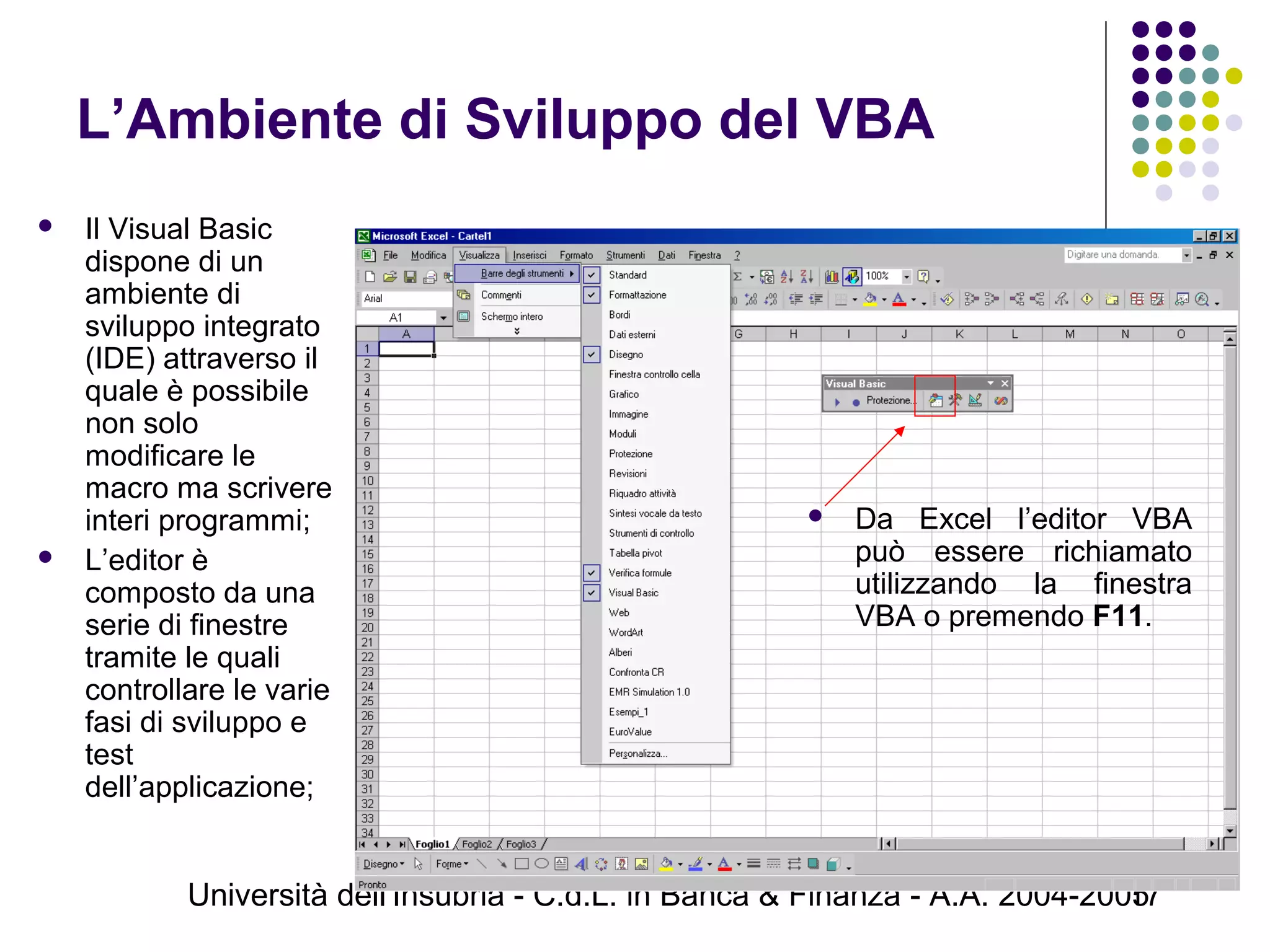 Università dell'Insubria - C.d.L. in Banca & Finanza - A.A. 2004-200517
L’Ambiente di Sviluppo del VBA
 Il Visual Basic
dispone di un
ambiente di
sviluppo integrato
(IDE) attraverso il
quale è possibile
non solo
modificare le
macro ma scrivere
interi programmi;
 L’editor è
composto da una
serie di finestre
tramite le quali
controllare le varie
fasi di sviluppo e
test
dell’applicazione;
 Da Excel l’editor VBA
può essere richiamato
utilizzando la finestra
VBA o premendo F11.
 
