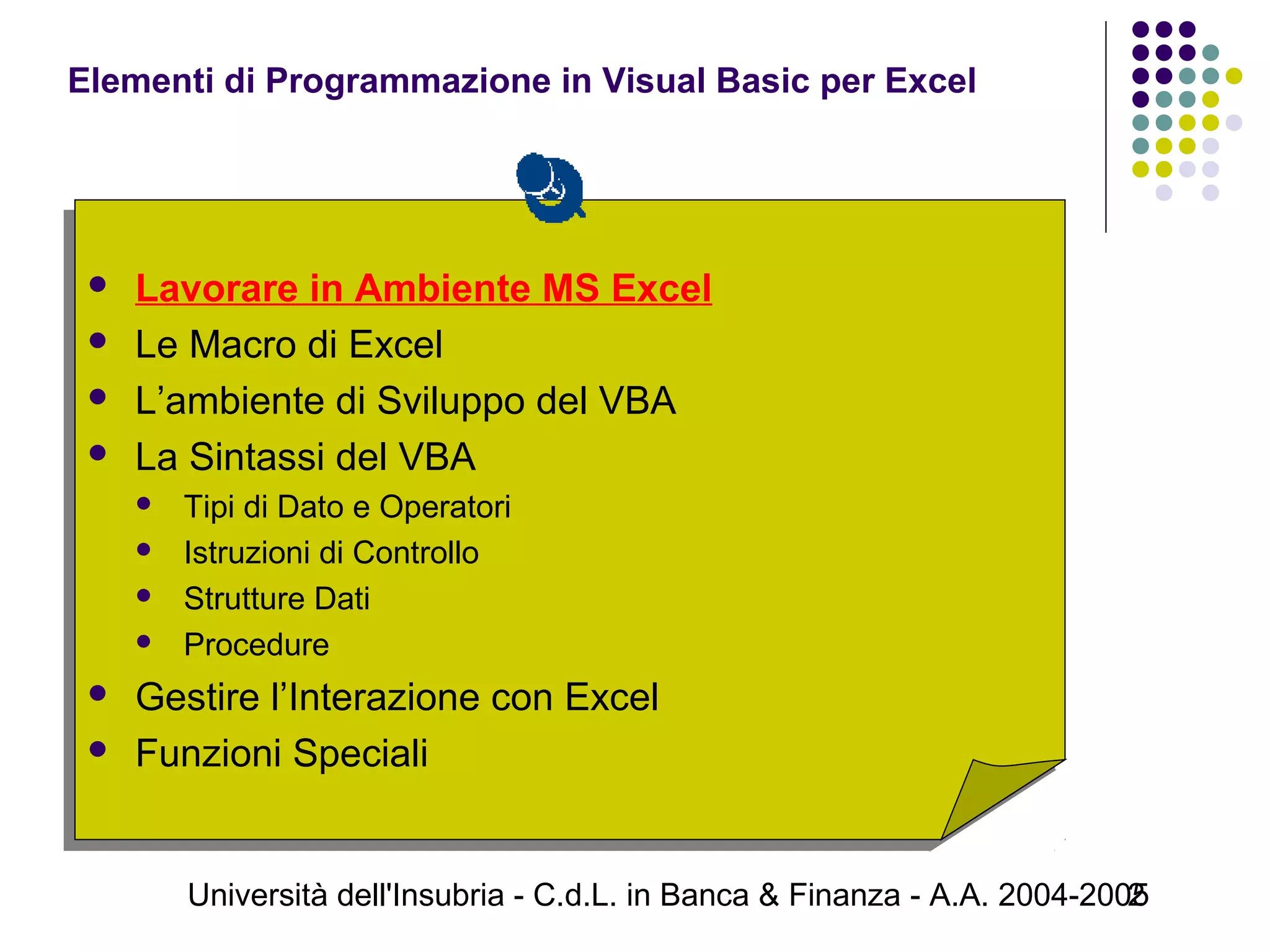 Università dell'Insubria - C.d.L. in Banca & Finanza - A.A. 2004-20052
 Lavorare in Ambiente MS Excel
 Le Macro di Excel
 L’ambiente di Sviluppo del VBA
 La Sintassi del VBA
 Tipi di Dato e Operatori
 Istruzioni di Controllo
 Strutture Dati
 Procedure
 Gestire l’Interazione con Excel
 Funzioni Speciali
 Lavorare in Ambiente MS Excel
 Le Macro di Excel
 L’ambiente di Sviluppo del VBA
 La Sintassi del VBA
 Tipi di Dato e Operatori
 Istruzioni di Controllo
 Strutture Dati
 Procedure
 Gestire l’Interazione con Excel
 Funzioni Speciali
Elementi di Programmazione in Visual Basic per Excel
 