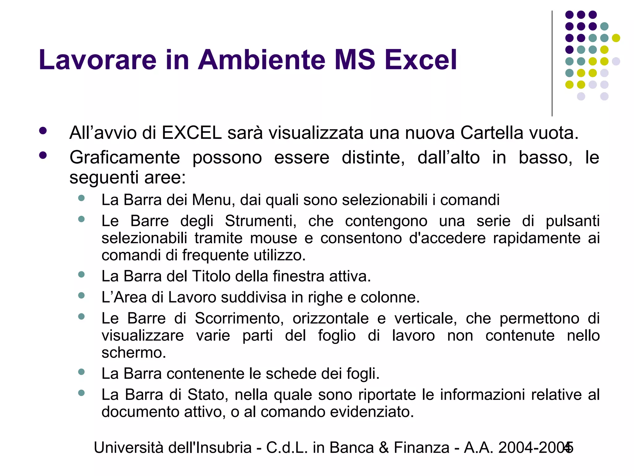 Università dell'Insubria - C.d.L. in Banca & Finanza - A.A. 2004-20054
Lavorare in Ambiente MS Excel
 All’avvio di EXCEL sarà visualizzata una nuova Cartella vuota.
 Graficamente possono essere distinte, dall’alto in basso, le
seguenti aree:
 La Barra dei Menu, dai quali sono selezionabili i comandi
 Le Barre degli Strumenti, che contengono una serie di pulsanti
selezionabili tramite mouse e consentono d'accedere rapidamente ai
comandi di frequente utilizzo.
 La Barra del Titolo della finestra attiva.
 L’Area di Lavoro suddivisa in righe e colonne.
 Le Barre di Scorrimento, orizzontale e verticale, che permettono di
visualizzare varie parti del foglio di lavoro non contenute nello
schermo.
 La Barra contenente le schede dei fogli.
 La Barra di Stato, nella quale sono riportate le informazioni relative al
documento attivo, o al comando evidenziato.
 