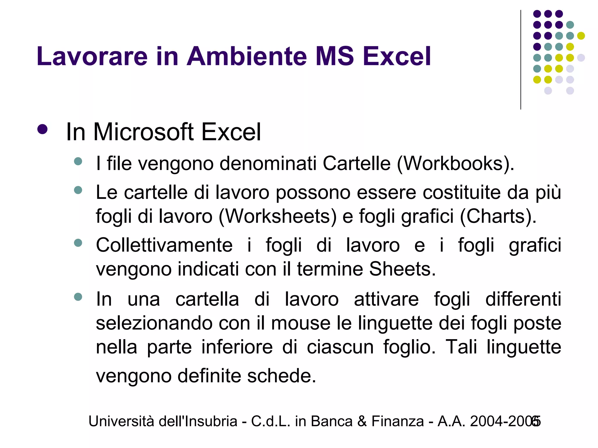 Università dell'Insubria - C.d.L. in Banca & Finanza - A.A. 2004-20056
Lavorare in Ambiente MS Excel
 In Microsoft Excel
 I file vengono denominati Cartelle (Workbooks).
 Le cartelle di lavoro possono essere costituite da più
fogli di lavoro (Worksheets) e fogli grafici (Charts).
 Collettivamente i fogli di lavoro e i fogli grafici
vengono indicati con il termine Sheets.
 In una cartella di lavoro attivare fogli differenti
selezionando con il mouse le linguette dei fogli poste
nella parte inferiore di ciascun foglio. Tali linguette
vengono definite schede.
 