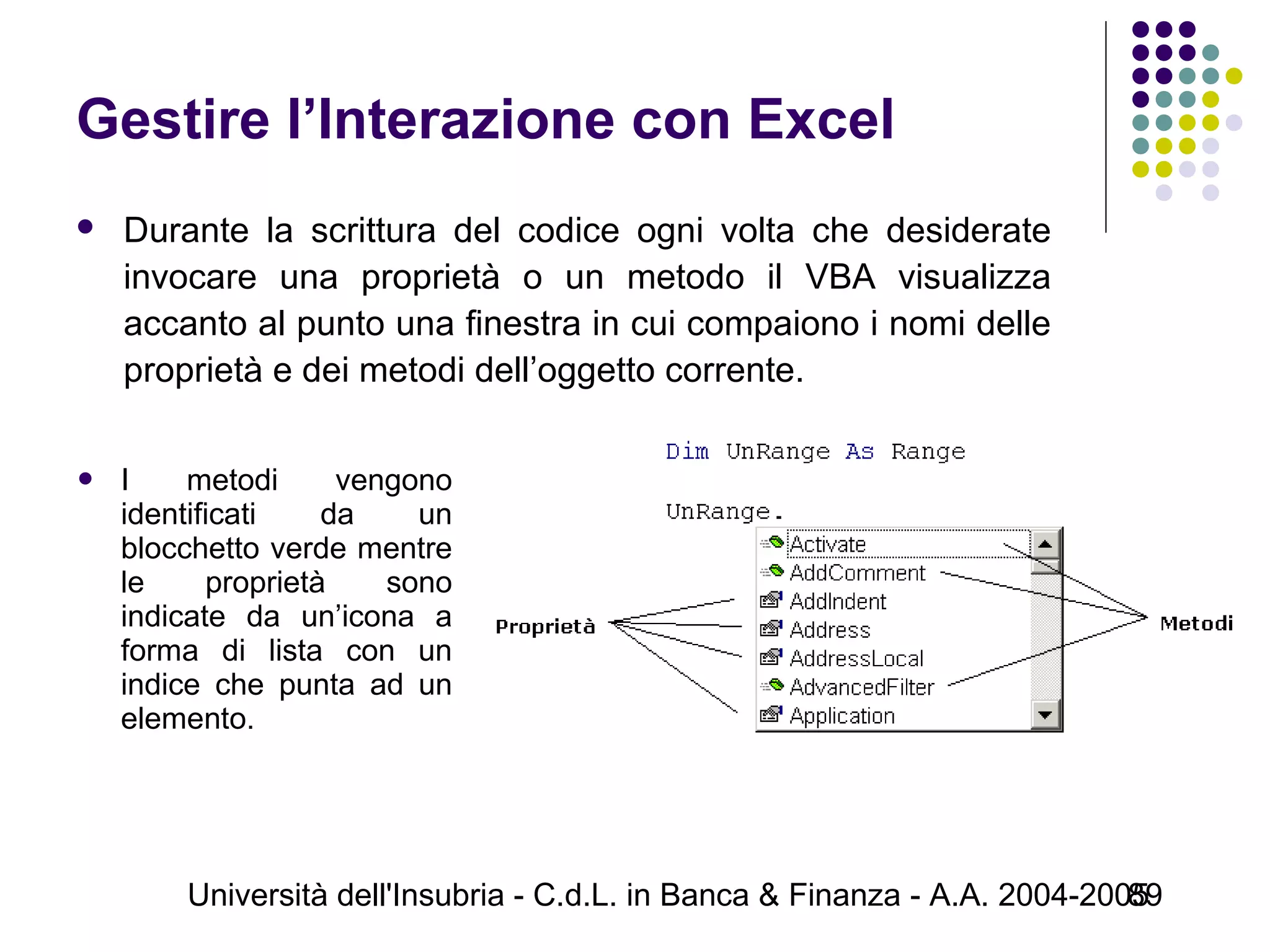 Università dell'Insubria - C.d.L. in Banca & Finanza - A.A. 2004-200589
Gestire l’Interazione con Excel
 Durante la scrittura del codice ogni volta che desiderate
invocare una proprietà o un metodo il VBA visualizza
accanto al punto una finestra in cui compaiono i nomi delle
proprietà e dei metodi dell’oggetto corrente.
 I metodi vengono
identificati da un
blocchetto verde mentre
le proprietà sono
indicate da un’icona a
forma di lista con un
indice che punta ad un
elemento.
 