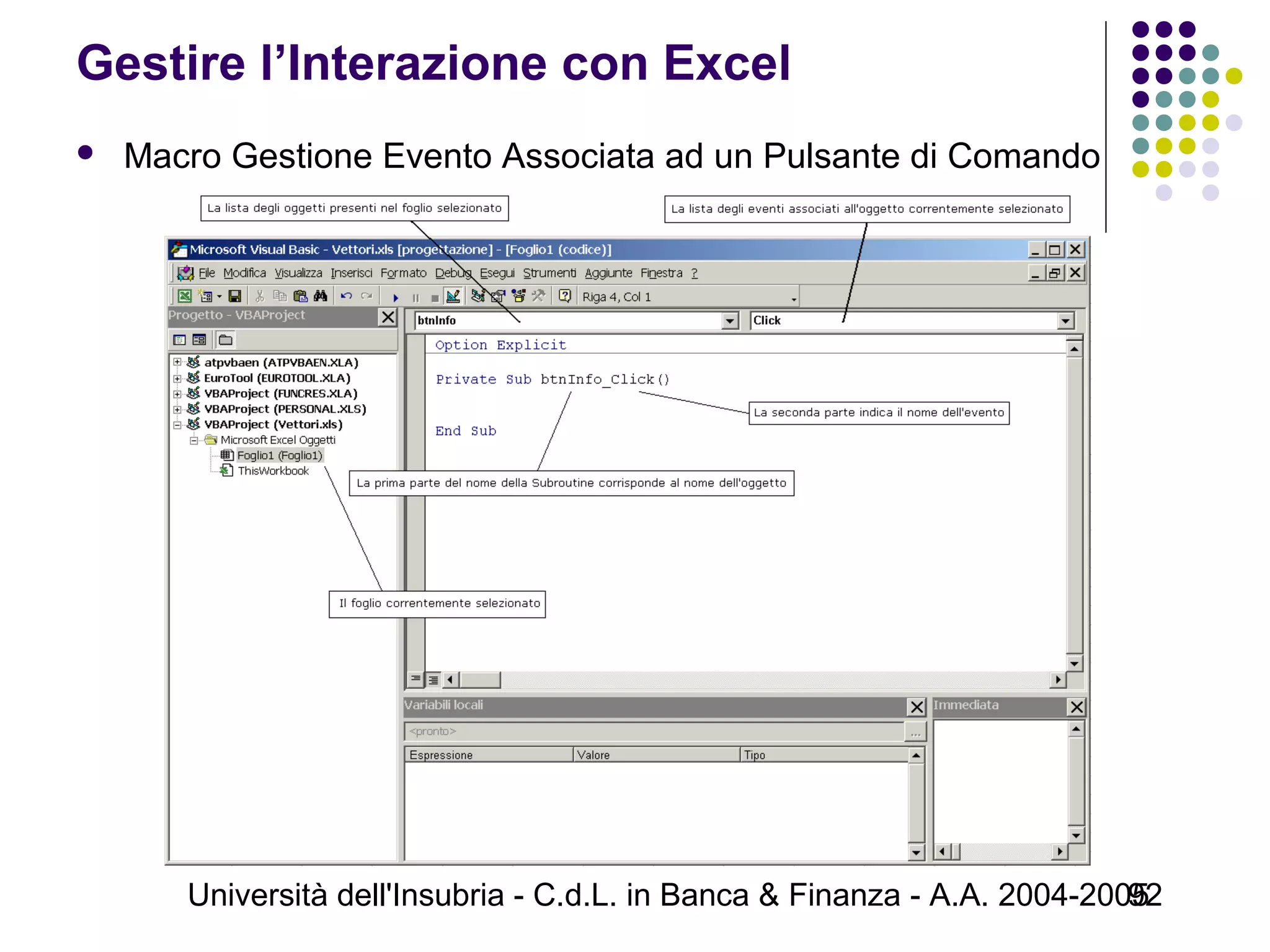 Università dell'Insubria - C.d.L. in Banca & Finanza - A.A. 2004-200592
Gestire l’Interazione con Excel
 Macro Gestione Evento Associata ad un Pulsante di Comando
 