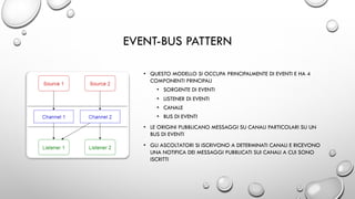 EVENT-BUS PATTERN
• QUESTO MODELLO SI OCCUPA PRINCIPALMENTE DI EVENTI E HA 4
COMPONENTI PRINCIPALI
• SORGENTE DI EVENTI
• LISTENER DI EVENTI
• CANALE
• BUS DI EVENTI
• LE ORIGINI PUBBLICANO MESSAGGI SU CANALI PARTICOLARI SU UN
BUS DI EVENTI
• GLI ASCOLTATORI SI ISCRIVONO A DETERMINATI CANALI E RICEVONO
UNA NOTIFICA DEI MESSAGGI PUBBLICATI SUI CANALI A CUI SONO
ISCRITTI
 