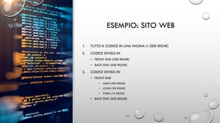 ESEMPIO: SITO WEB
1. TUTTO IL CODICE IN UNA PAGINA (1.000 RIGHE)
2. CODICE DIVISO IN
• FRONT END (500 RIGHE)
• BACK END (500 RIGHE)
3. CODICE DIVISO IN
• FRONT END
• MAIN (400 RIGHE)
• LOGIN (90 RIGHE)
• FORM (10 RIGHE)
• BACK END (500 RIGHE)
 