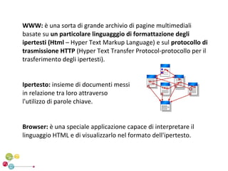 WWW: è una sorta di grande archivio di pagine multimediali
basate su un particolare linguagggio di formattazione degli
ipertesti (Html – Hyper Text Markup Language) e sul protocollo di
trasmissione HTTP (Hyper Text Transfer Protocol-protocollo per il
trasferimento degli ipertesti).


Ipertesto: insieme di documenti messi
in relazione tra loro attraverso
l'utilizzo di parole chiave.


Browser: è una speciale applicazione capace di interpretare il
linguaggio HTML e di visualizzarlo nel formato dell'ipertesto.
 