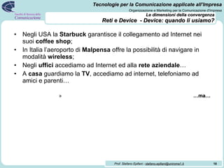 Le dimensioni della convergenza   Reti e Device  - Device: quando li usiamo? Negli USA la  Starbuck  garantisce il collegamento ad Internet nei suoi  coffee shop ; In Italia l’aeroporto di  Malpensa  offre la possibilità di navigare in modalità  wireless ; Negli  uffici  accediamo ad Internet ed alla  rete aziendale … A  casa  guardiamo la  TV , accediamo ad internet, telefoniamo ad amici e parenti… … ma… 