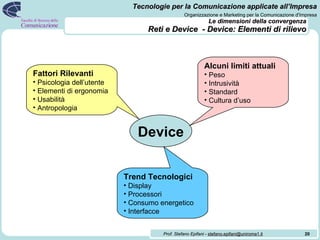 Le dimensioni della convergenza   Reti e Device  - Device: Elementi di rilievo Device Fattori Rilevanti Psicologia dell’utente Elementi di ergonomia Usabilità Antropologia Trend Tecnologici Display Processori Consumo energetico Interfacce Alcuni limiti attuali Peso Intrusività Standard Cultura d’uso 
