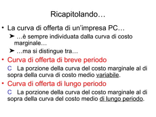 Ricapitolando… La curva di offerta di un’impresa PC… … è sempre individuata dalla curva di costo marginale… … ma si distingue tra… Curva di offerta di breve periodo    La porzione della curva del costo marginale al di sopra della curva di costo medio  variabile . Curva di offerta di lungo periodo    La porzione della curva del costo marginale al di sopra della curva del costo medio  di lungo periodo . 