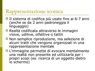 Rappresentazione iconica







Il sistema di codifica più usato fino ai 6-7 anni
(anche se da 2 anni padroneggia il
linguaggio)
Realtà codificata attraverso le immagini
visive, uditive, olfattive o tattili
Non semplice riproduzione, ma selezione di
alcuni tratti che vengono organizzati in una
rappresentazione mentale
L’immagine permette di evocare mentalmente
una realtà non presente ed utilizzarla per i
propri scopi (es. ricerca di un oggetto dietro
lo schermo)

 
