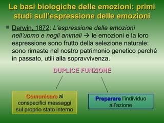 Le basi biologiche delle emozioni: primi
studi sull’espressione delle emozioni


Darwin, 1872: L’espressione delle emozioni
nell’uomo e negli animali  le emozioni e la loro
espressione sono frutto della selezione naturale:
sono rimaste nel nostro patrimonio genetico perché
in passato, utili alla sopravvivenza.
DUPLICE FUNZIONE

Comunicare ai
conspecifici messaggi
sul proprio stato interno

Preparare l’individuo
all’azione

 