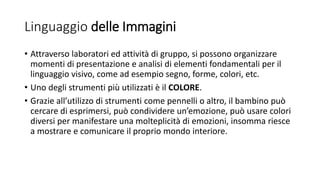 Linguaggio delle Immagini
• Attraverso laboratori ed attività di gruppo, si possono organizzare
momenti di presentazione e analisi di elementi fondamentali per il
linguaggio visivo, come ad esempio segno, forme, colori, etc.
• Uno degli strumenti più utilizzati è il COLORE.
• Grazie all’utilizzo di strumenti come pennelli o altro, il bambino può
cercare di esprimersi, può condividere un’emozione, può usare colori
diversi per manifestare una molteplicità di emozioni, insomma riesce
a mostrare e comunicare il proprio mondo interiore.
 