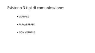 Esistono 3 tipi di comunicazione:
• VERBALE
• PARAVERBALE
• NON VERBALE
 