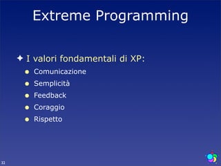 Extreme Programming

     ✦ I valori fondamentali di XP:
      •   Comunicazione
      •   Semplicità
      •   Feedback
      •   Coraggio
      •   Rispetto




32
 