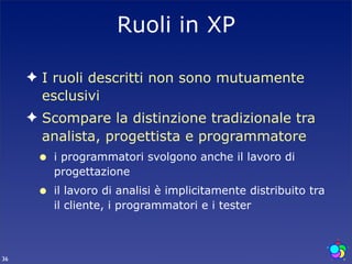 Ruoli in XP

     ✦ I ruoli descritti non sono mutuamente
       esclusivi
     ✦ Scompare la distinzione tradizionale tra
       analista, progettista e programmatore
      •   i programmatori svolgono anche il lavoro di
          progettazione
      •   il lavoro di analisi è implicitamente distribuito tra
          il cliente, i programmatori e i tester



36
 