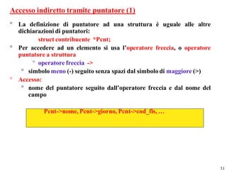 Accesso indiretto tramite puntatore (1)
° La definizione di puntatore ad una struttura è uguale alle altre
  dichiarazioni di puntatori:
         struct contribuente *Pcnt;
° Per accedere ad un elemento si usa l’operatore freccia, o operatore
  puntatore a struttura
       ° operatore freccia ->
   ° simbolo meno (-) seguito senza spazi dal simbolo di maggiore (>)
° Accesso:
   ° nome del puntatore seguito dall’operatore freccia e dal nome del
      campo

           Pcnt->nome, Pcnt->giorno, Pcnt->cod_fis, …




                                                                        31
 