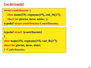 Uso del typedef

struct contribuente {
   char nome[15], cognome[15], cod_fis[17];
   short int giorno, mese, anno; };
typedef struct contribuente Contribuente;

typedef struct [contribuente]
{
char nome[15], cognome[15], cod_fis[17];
short int giorno, mese, anno;
} Contribuente;




                                              36
 