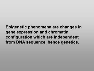Epigenetic phenomena are changes in
gene expression and chromatin
configuration which are independent
from DNA sequence, hence genetics.
 